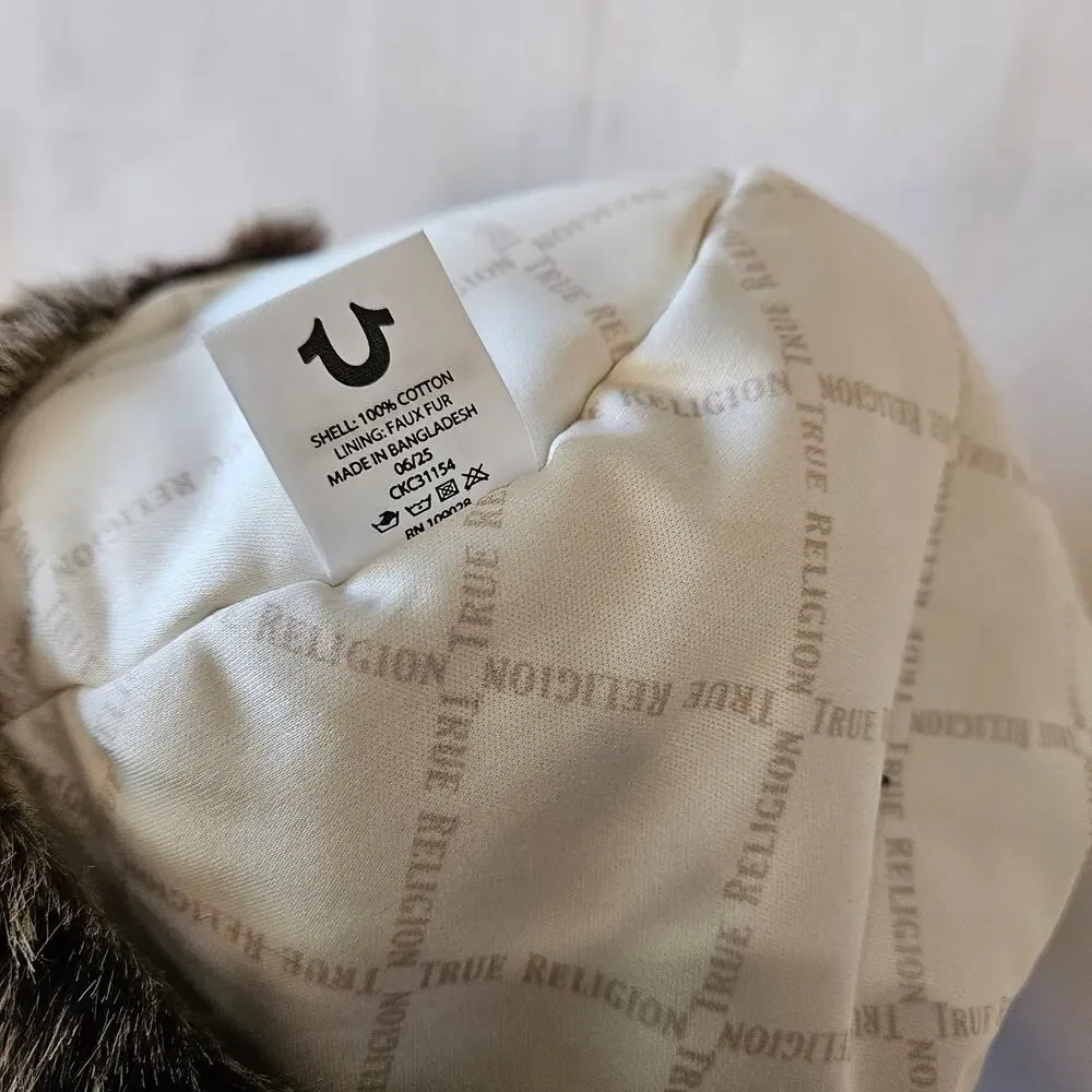 True Religion Earflap Cap Hat Faux Fur Denim Winter